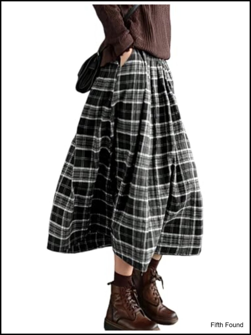 Plaid A-Line Midi Skirt Elastic Waist Two Pockets